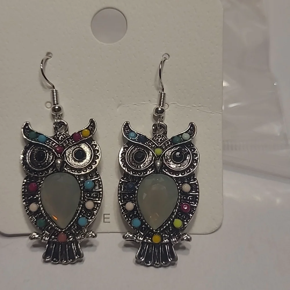 Elegant Silver and Multicolor Dangle Owl Earrings - Picture 1 of 6